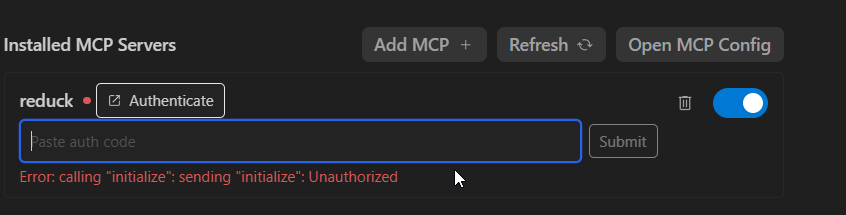 Antigravity showing an MCP authentication error