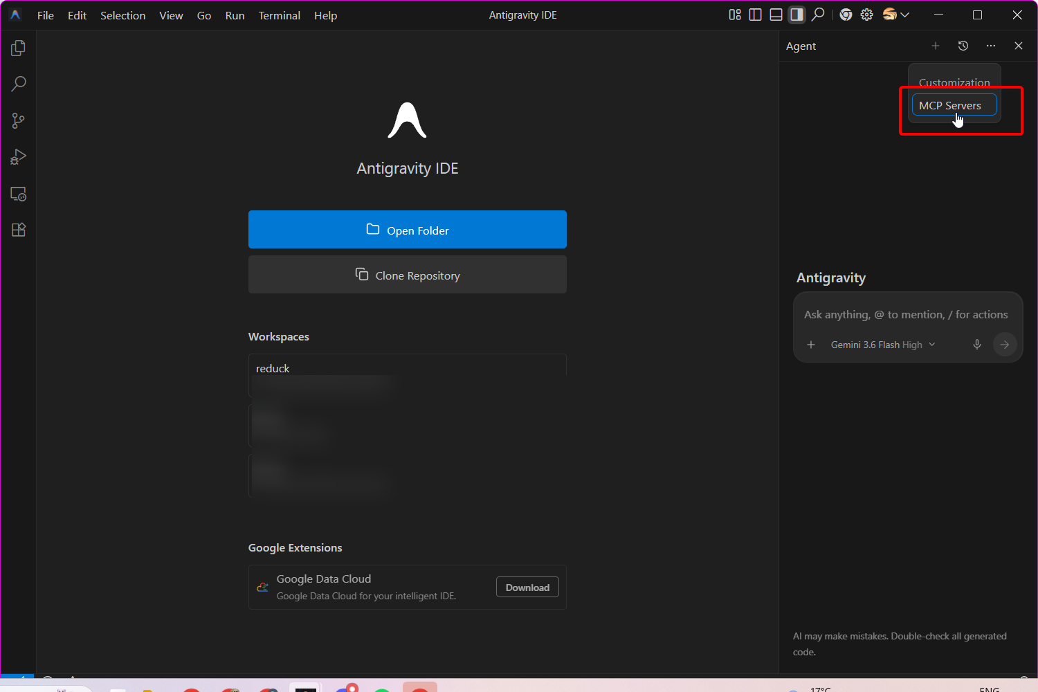Selecting MCP Servers from the Antigravity corner menu