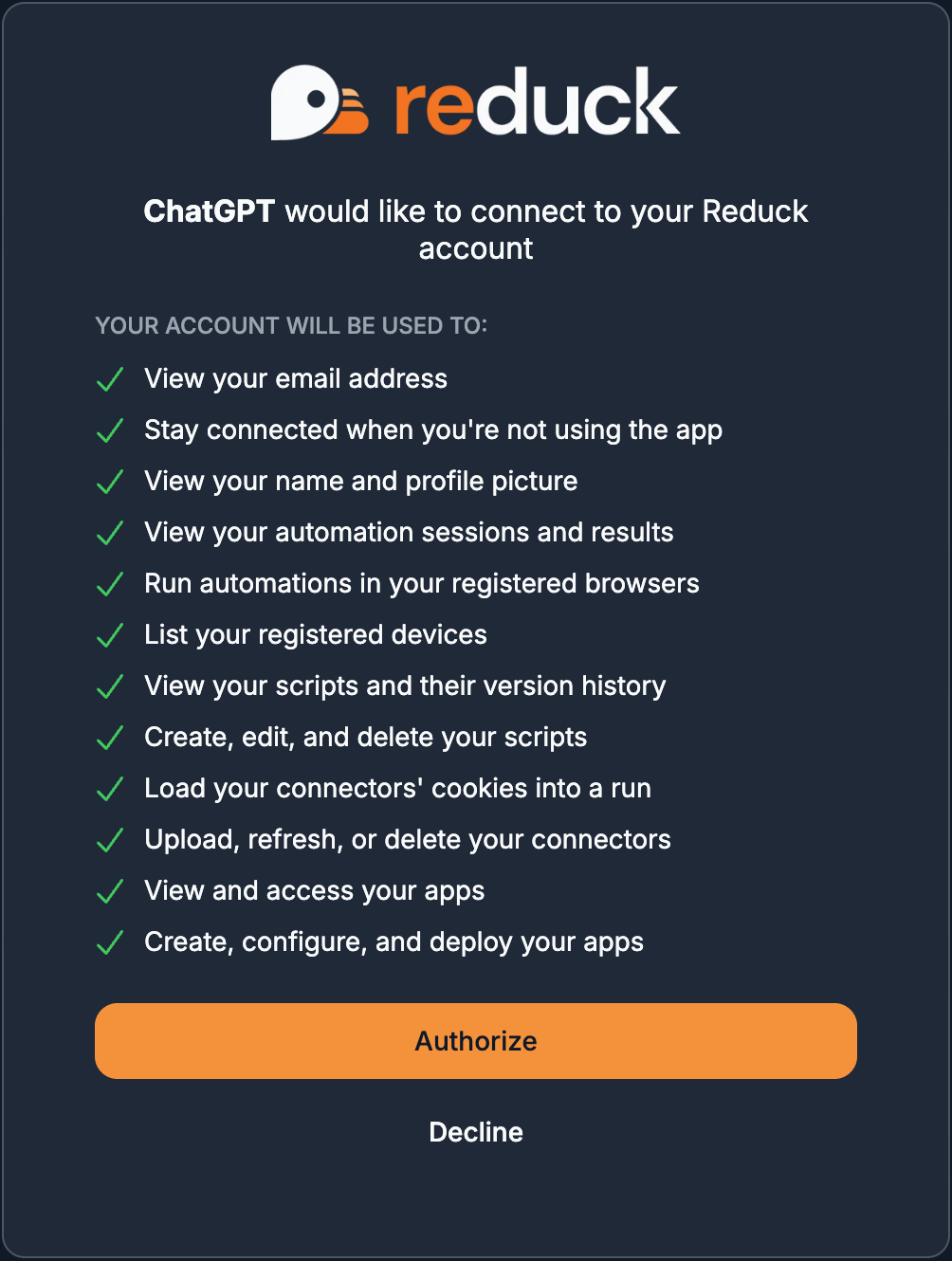 The Reduck page asking to let ChatGPT connect to your account, with the Authorize button