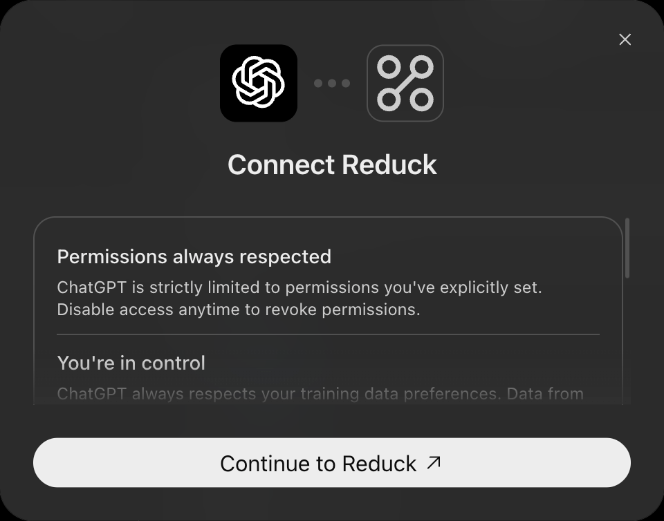 The Connect Reduck dialog, with the Continue to Reduck button at the bottom
