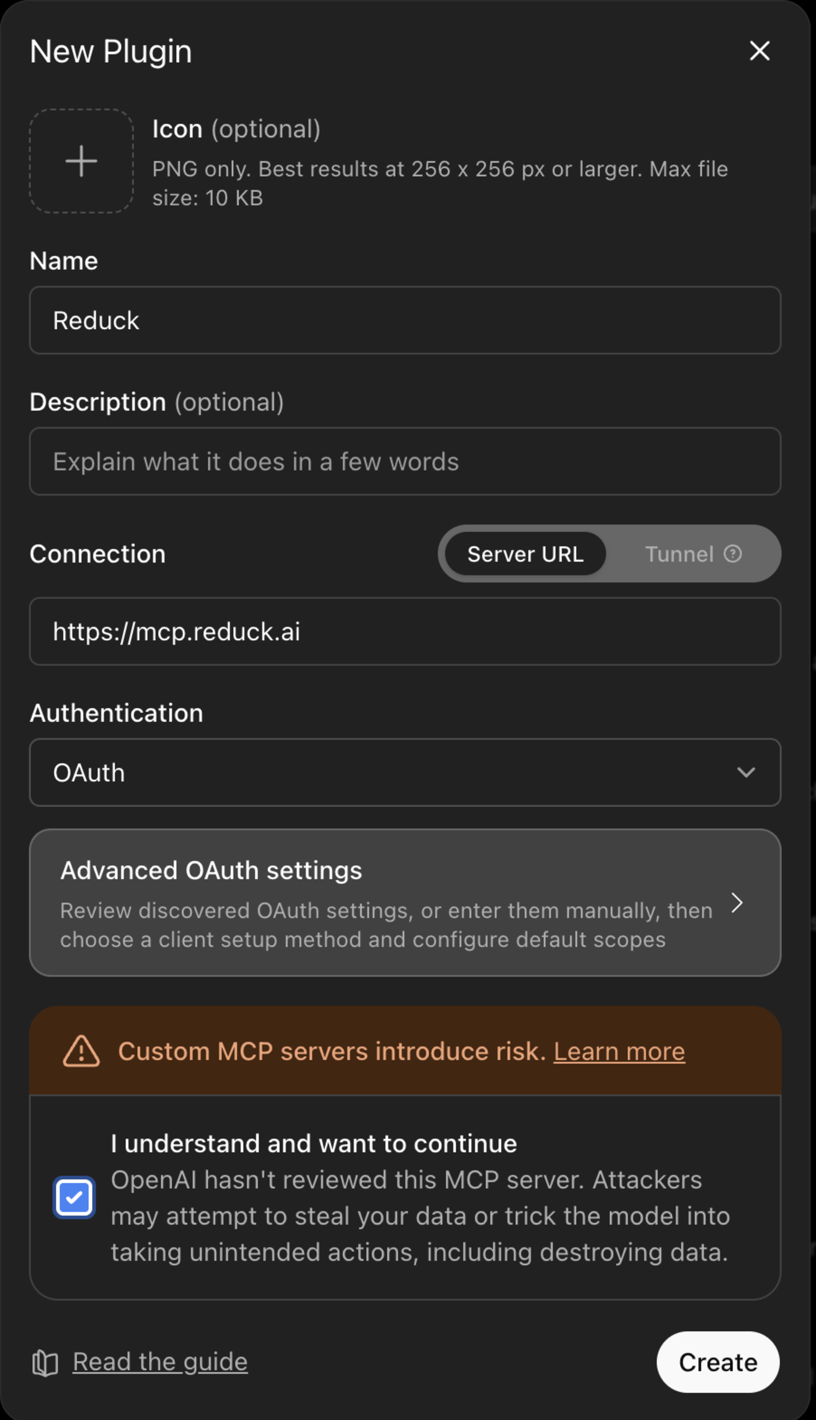 The new connection form, with the name and URL filled in