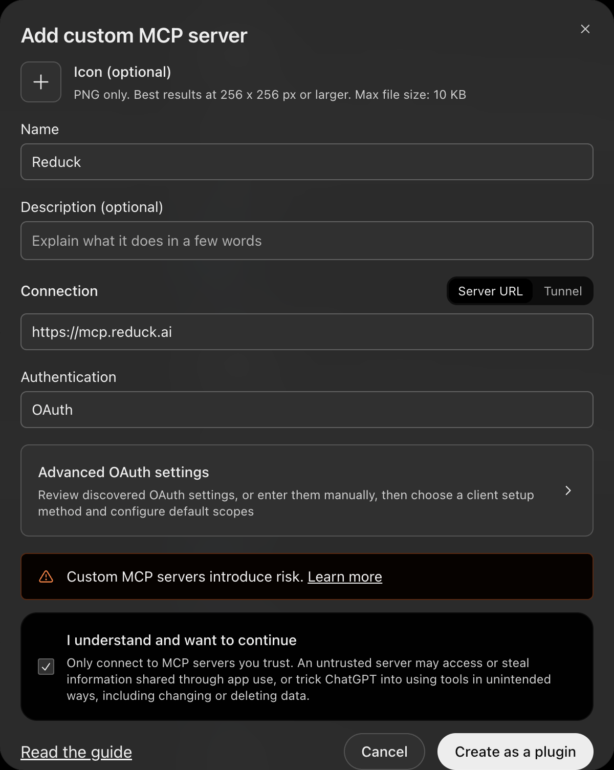The Create custom MCP server form, with the name, URL and OAuth filled in