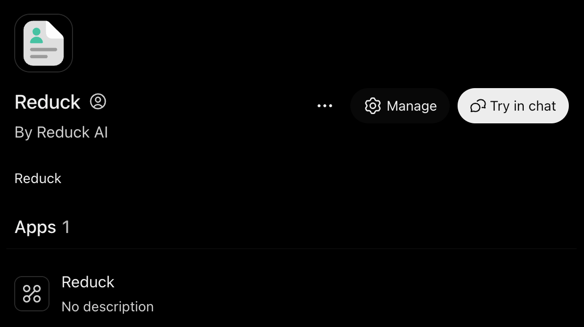 The Reduck plugin page, with the Try in chat button
