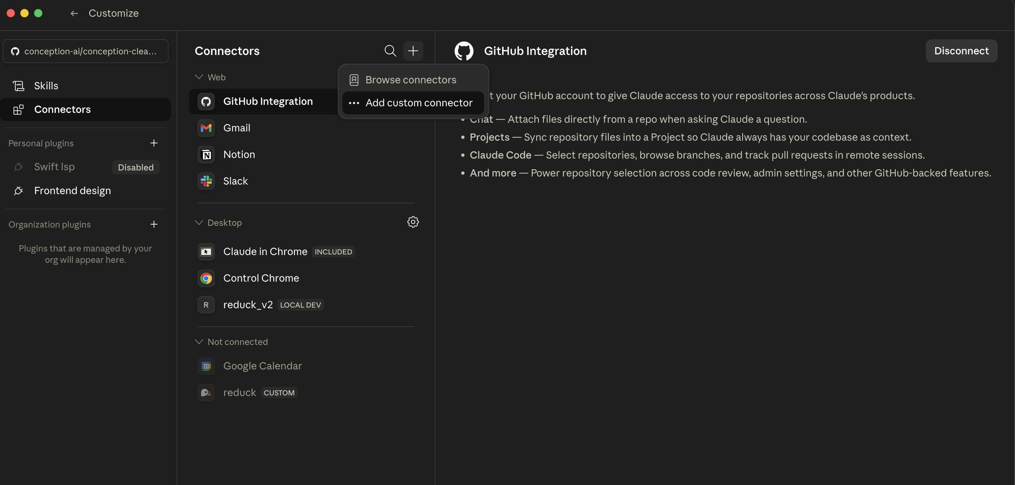 The add custom connector menu
