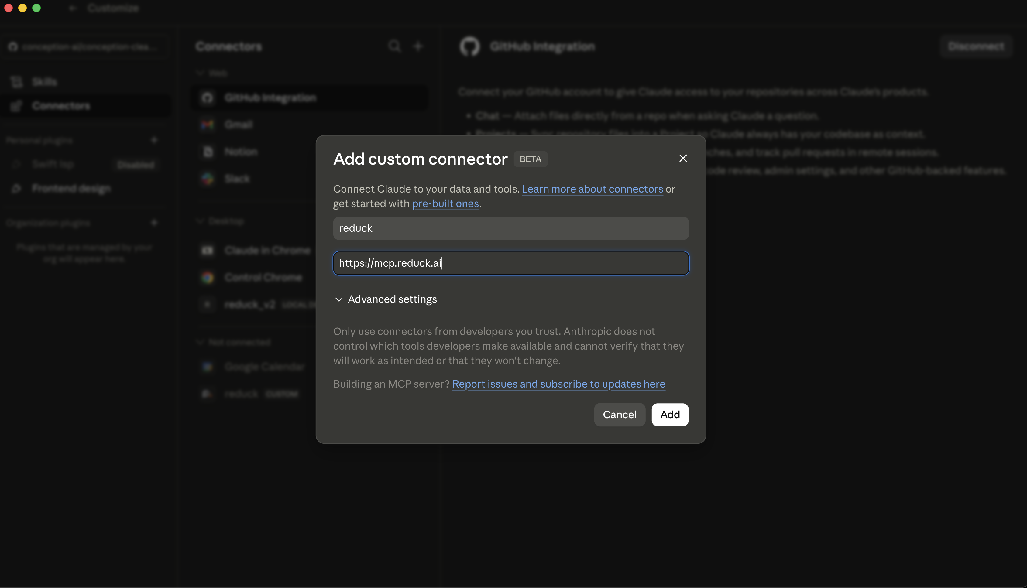 The custom connector form, with the name and URL filled in