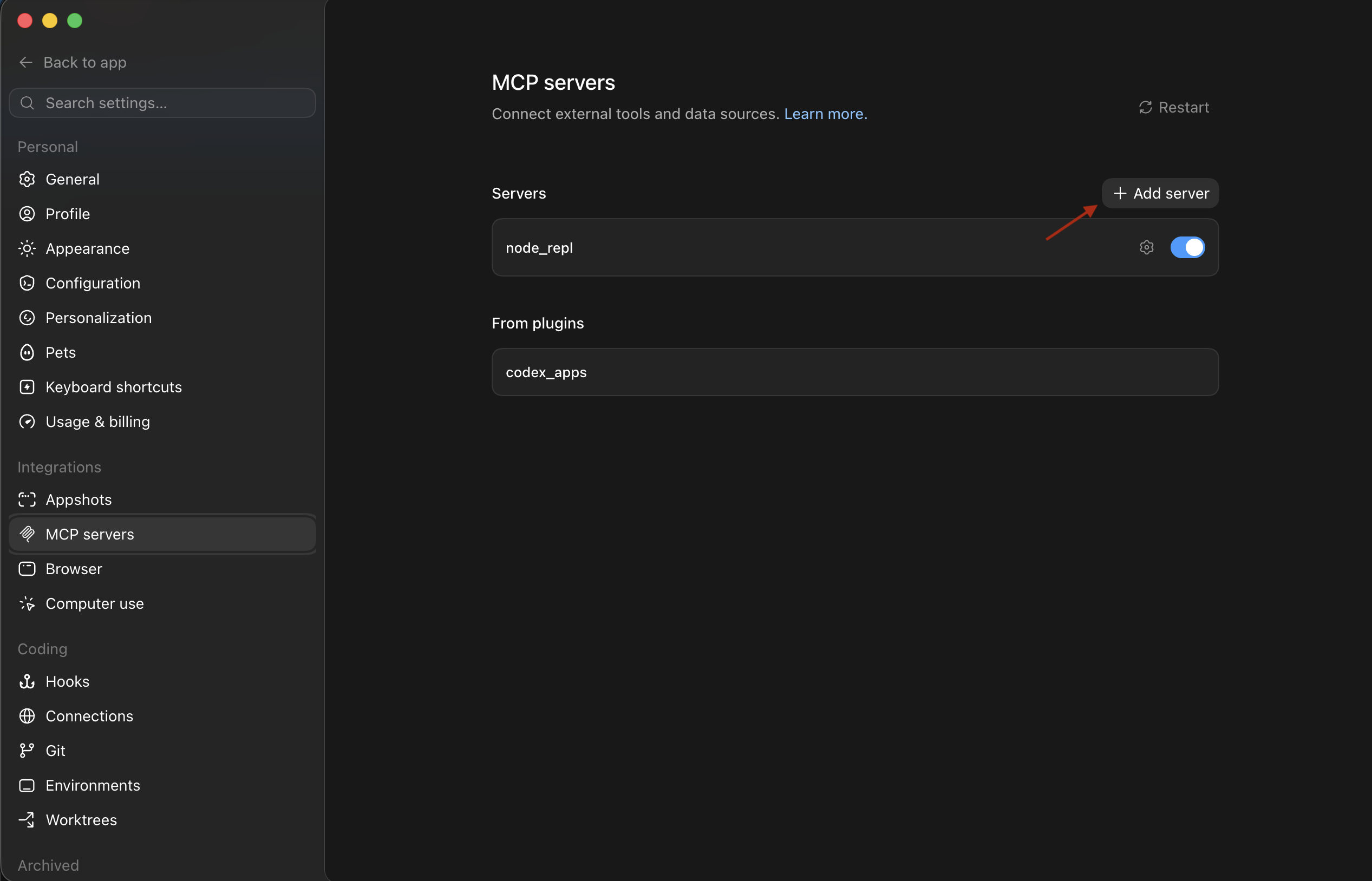 The MCP servers section of Codex settings