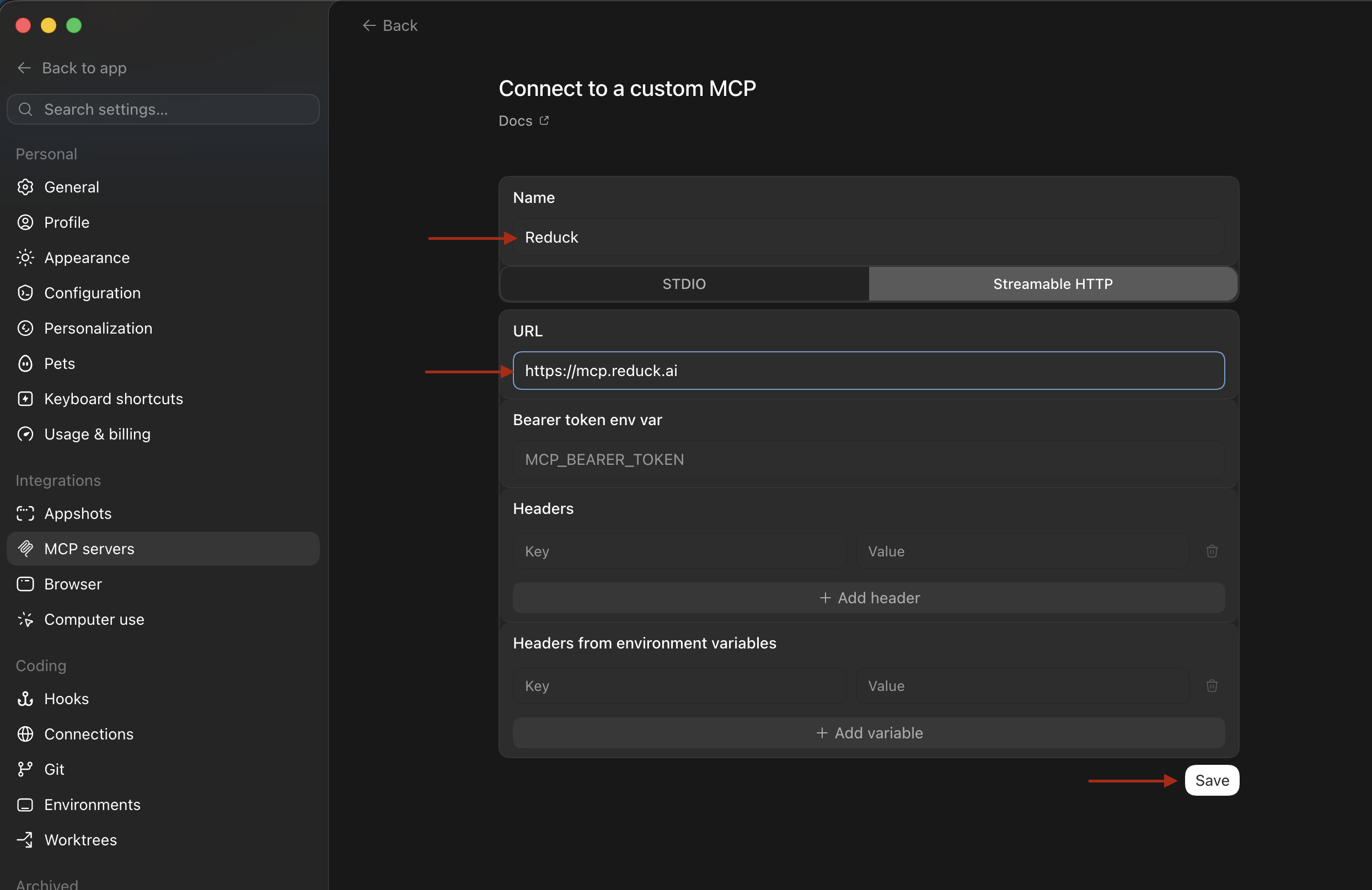 The add server form, set to streamable HTTP