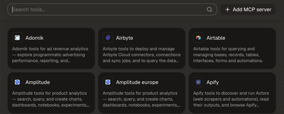 The Add tools dialog, with the Add MCP server button at the top right