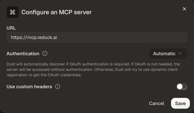 The Configure an MCP server form, with the Reduck URL filled in and Authentication on Automatic
