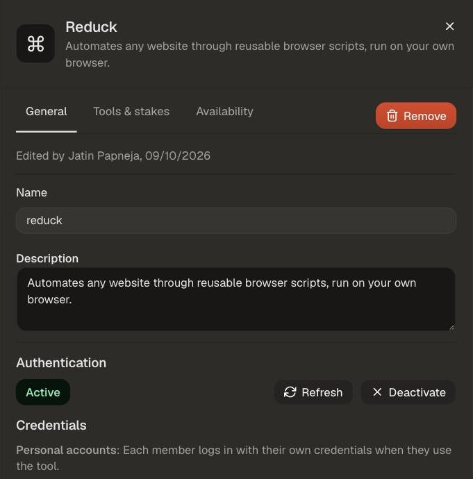 The Reduck tool in Dust, with Authentication Active