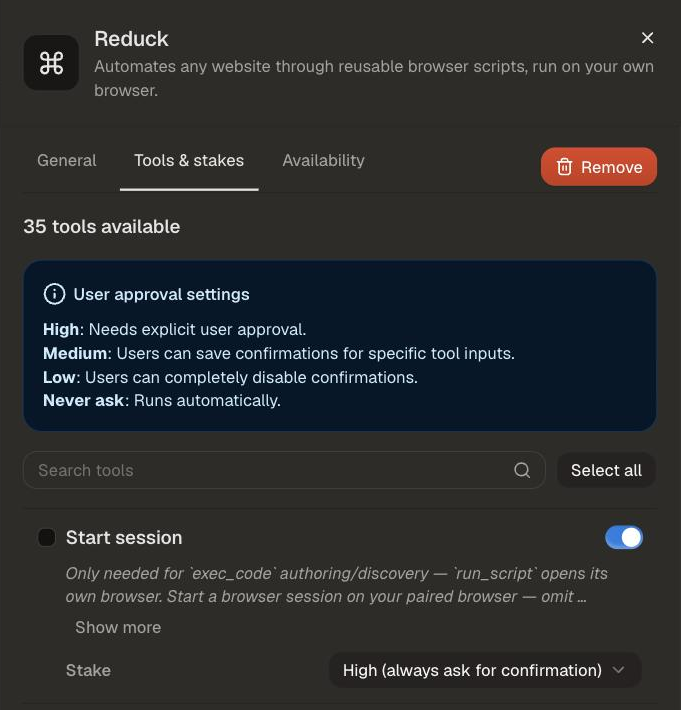 The Tools & stakes tab, listing Reduck's tools with a toggle and a stake for each