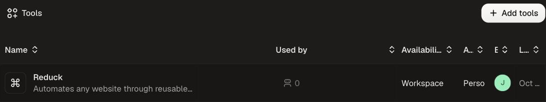 The Tools page of Dust's Spaces, with the Add tools button