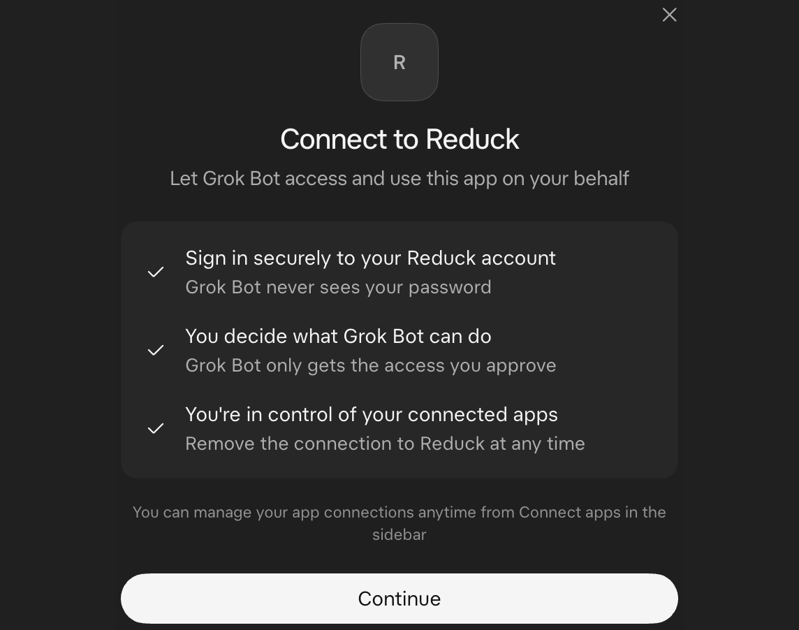 The Connect to Reduck dialog, with the Continue button at the bottom