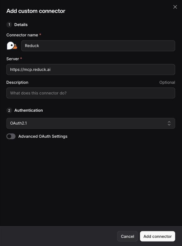The Add custom connector form, with the name, server and OAuth2.1 filled in