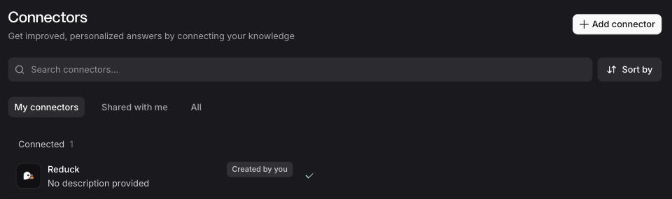 The Connectors page, with Reduck listed under Connected
