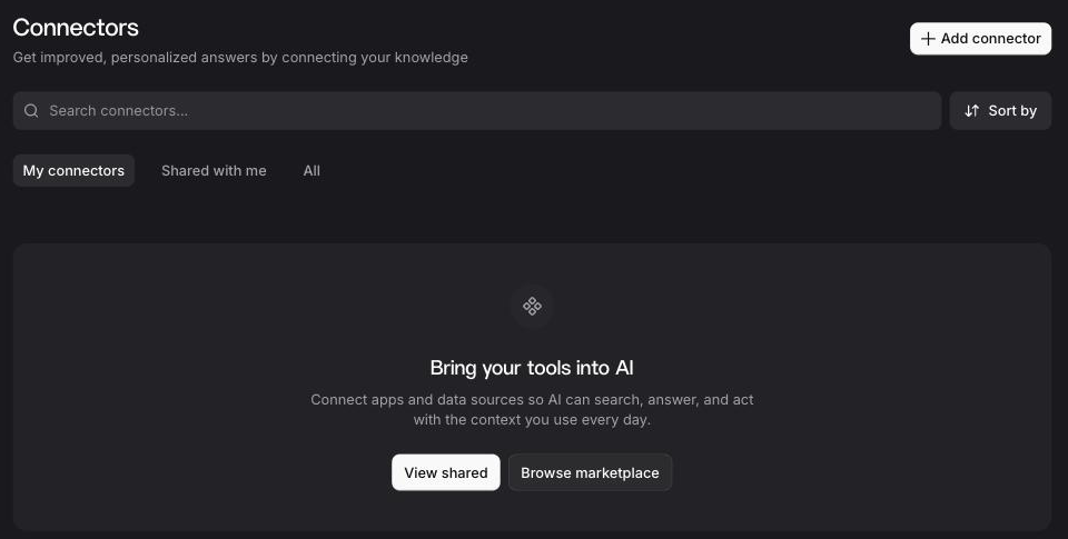 The Connectors page in Le Chat, with the Add connector button