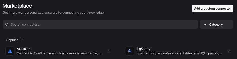The Marketplace, with the Add a custom connector button at the top right