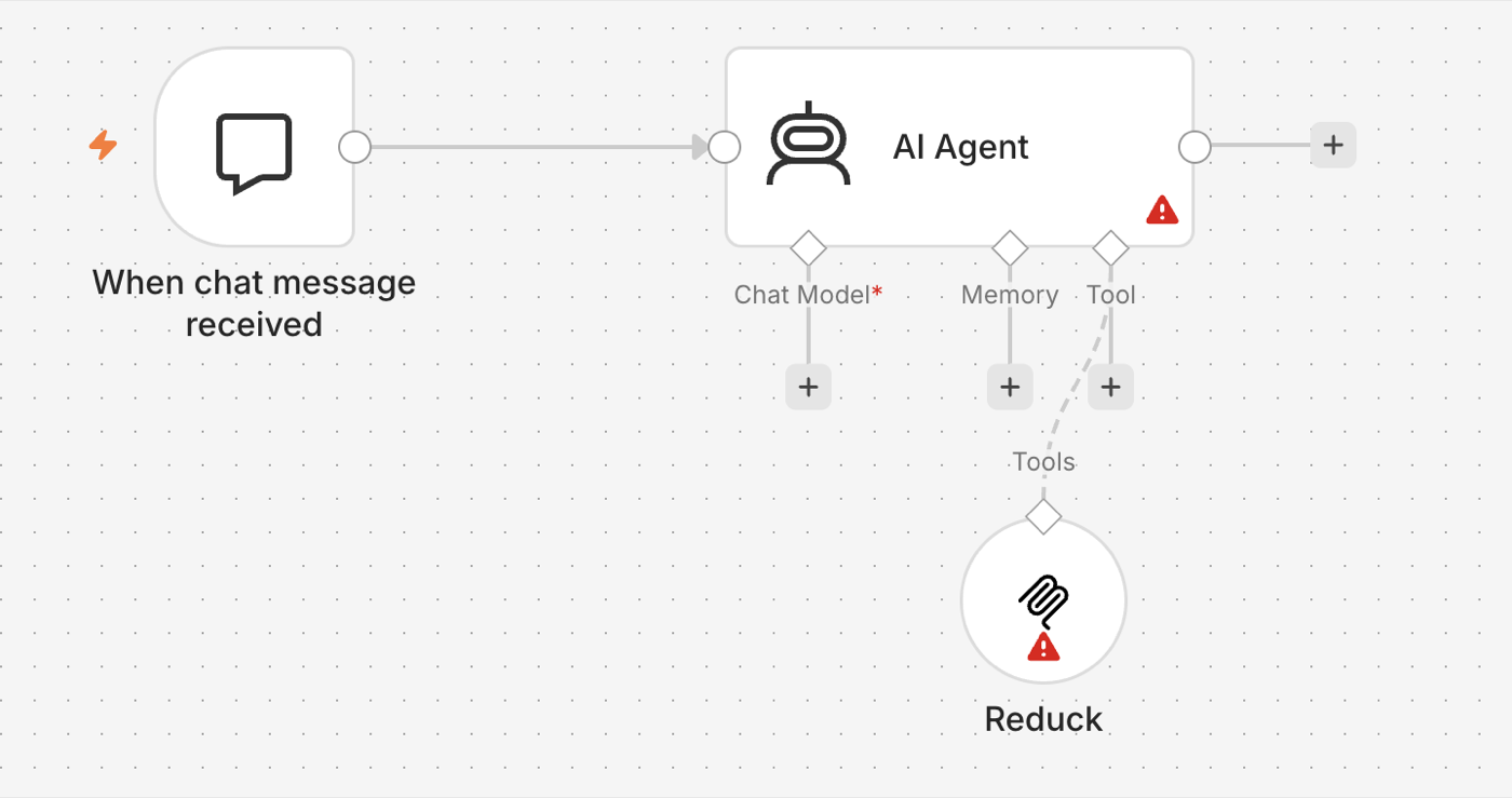 An AI Agent node with the Reduck MCP Client Tool attached to its Tool connector