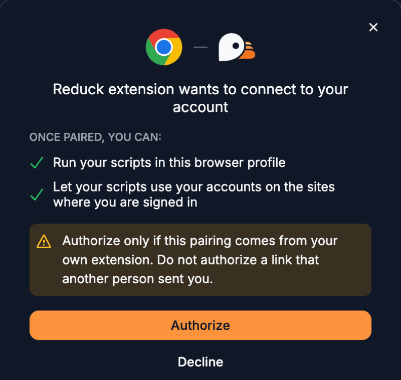 The request to connect the Reduck extension to your account, with Authorize
