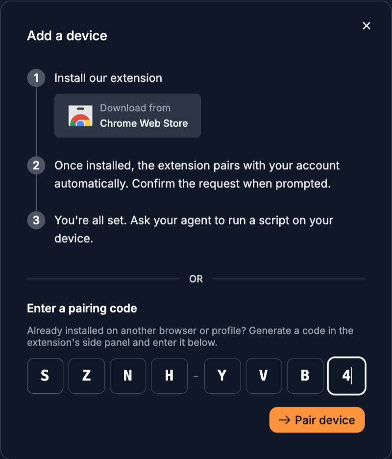 The Add a device dialog, with the pairing code entered