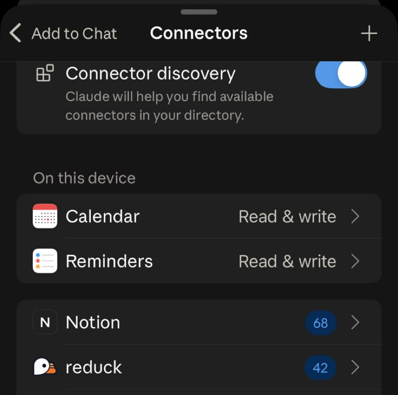 The Connectors list of the Claude app on a phone, with reduck in it